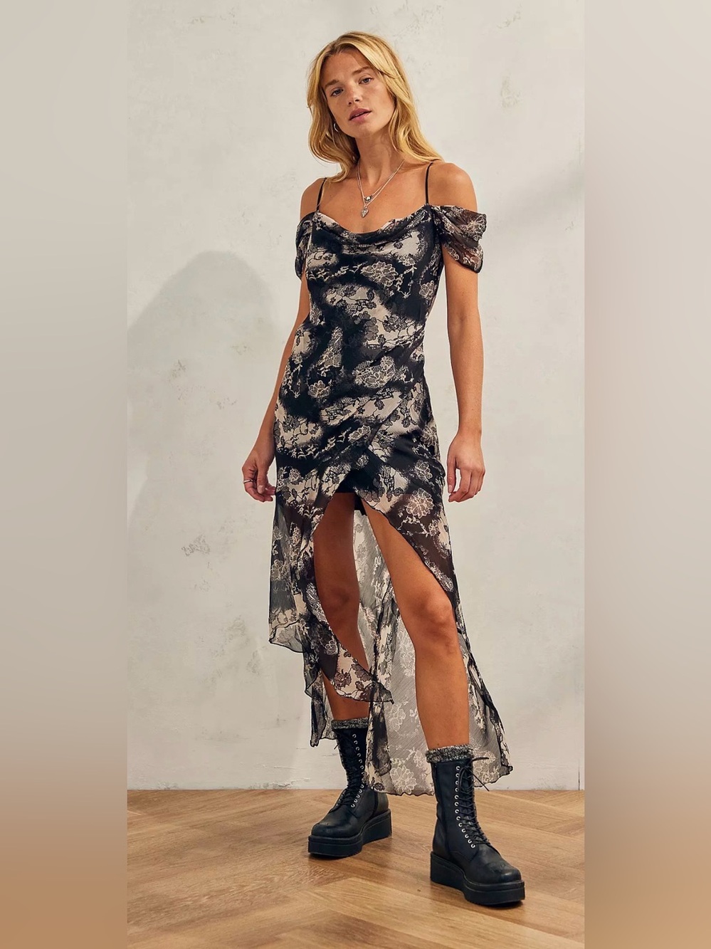 Urban Outfitters Black and Cream Floral High-Low Slip Dress